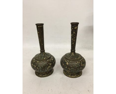 A PAIR OF VINTAGE MIDDLE EASTERN METALWARE CLOISONNE TYPE BOTTLE VASES 