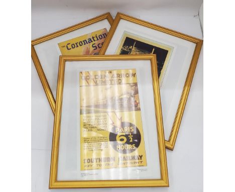 THREE VINTAGE STYLE RAILWAY THEMED POSTERS TO INCLUDE 'THE CORONTION SCOT', 'THE GOLDEN ARROW LTD' AND 'THE NIGHT FERRY' - AL