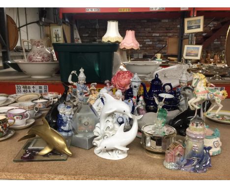 A LARGE LOT TO INCLUDE A JAPANESE COFFEE SET, CERAMIC DOLPHINS, FIGURINES, ETC 