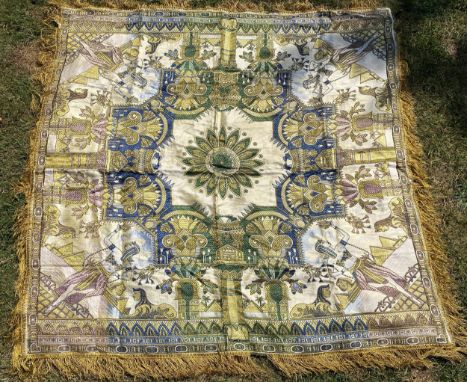 A VINTAGE EGYPTIAN SILK WALL HANGING / THROW, 127 X 127CM 