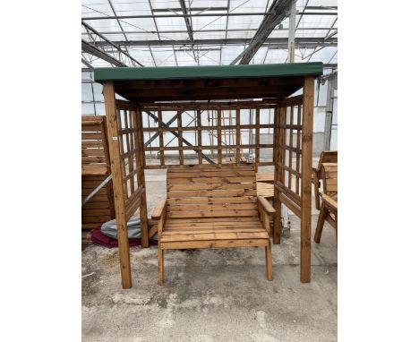 AN AS NEW EX DISPLAY CHARLES TAYLOR TWO SEATER GARDEN BENCH WITH CANOPY AND ARMREST SIDE TABLES *PLEASE NOTE VAT TO BE CHARGE