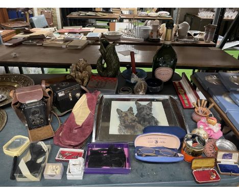 A LARGE MIXED LOT TO INCLUDE VINTAGE BROWNIE AND VOIGTLANDER CAMERAS, A FISH GLUG JUG, SMALL ROYAL DOULTON 'FAGIN' BUD VASE, 