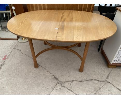 A RETRO ELM ERCOL EXTENDING DINING TABLE (NO LEAF) ON TURNED TAPERING LEGS AND X-FRAME STRETCHERS, 64X43" 