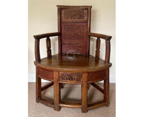 A VINTAGE CHINESE CARVED HARDWOOD CHILD'S ARMCHAIR WITH LOWER DRAWER TO SEAT, HEIGHT 80CM, WIDTH 53CM, SEAT HEIGHT 36CM 