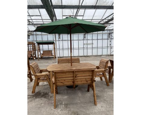 AN AS NEW EX DISPLAY CHARLES TAYLOR GARDEN TABLE, A PAIR OF TWO SEATER BENCHES, A PAIR OF SINGLE CHAIRS AND A PARASOL *PLEASE