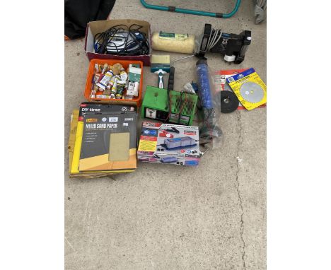 AN ASSORTMENT OF HARDWARE AND ELECTRICAL ITEMS, TO INCLUDE SANDPAPER, BATTERY CHARGER, BENCH GRINDER, ETC 