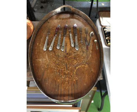 AN EDWARDIAN INLAID MAHOGANY AND SILVER PLATED DRINKS / BUTLERS TRAY WITH SILVER PLATED FLATWARE 