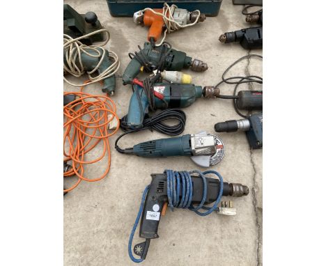 FIVE ASSORTED POWER TOOLS - BOSCH DRILL, BLACK AND DECKER GRINDER ETC 