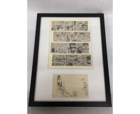 A FRAMED JAMES BOND IAN FLEMING COMIC BOOK STRIP WITH LOWER PENCIL SIGNED DRAWING OF A LADY, SIGNED PETER D BERMAN, UN PAJARO
