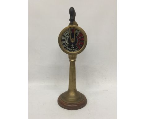 A VINTAGE STYLE BRASS ENGINE ROOM TELEGRAPH ON WOODEN STAND 