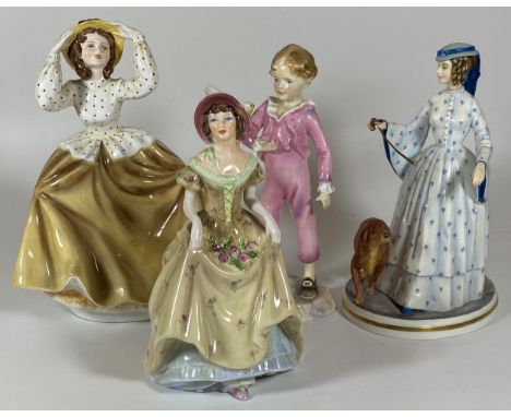 A GROUP OF FOUR CERAMIC FIGURES TO INCLUDE ROYAL WORCESTER FELICITY FIGURE WITH DOG, ROYAL WORCESTER 'THE PARAKEET', COALPORT