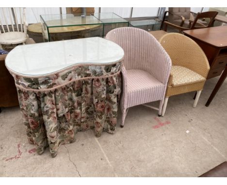 A KIDNEY SHAPED DRESSING CHEST WITH FLORAL PULL ROUND CURTAIN, LLOYD LOOM BEDROOM CHAIR AND COMMODE CHAIR 