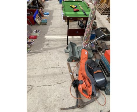 A MIXED LOT TO INCLUDE LEAF BLOWER, PICK AXE ETC 