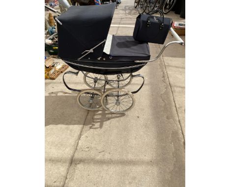 A VINTAGE SILVER CROSS PRAM WITH BAG 