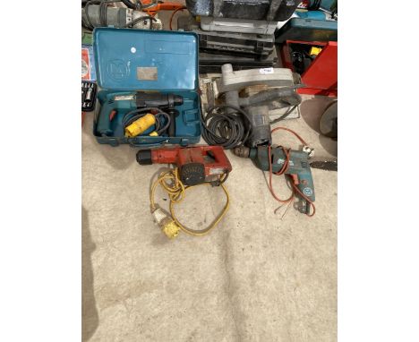 FOUR ASSORTED POWER TOOLS, CASED MAKITA DRILL ETC 