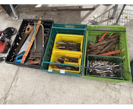 THREE BOXES OF VARIOUS HAND TOOLS TO INCLUDE SAWS, FILES, SPANNERS, ETC 