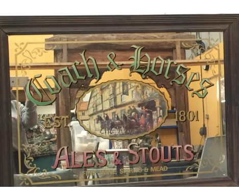 A LARGE VINTAGE WOODEN FRAMED COACH AND HORSES PUB MIRROR, 68.5CM X 93.5CM 