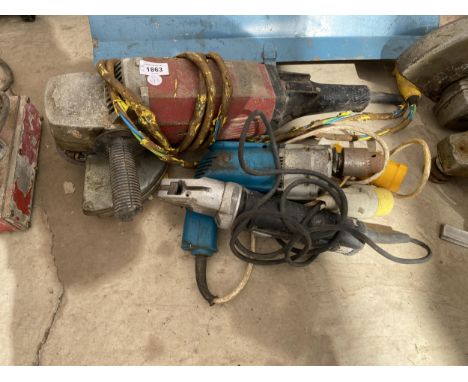 THREE ASSORTED POWER TOOLS, GRINDER, DRILL ETC 