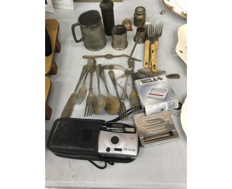 A GROUP OF SILVER PLATE, PEWTER ITEMS, OLYMPUS CAMERA ETC 