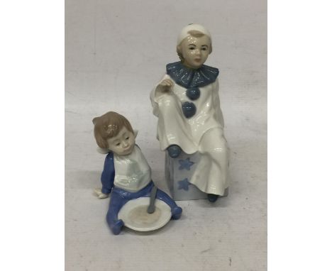 TWO FIGURES - A NAO FIGURE OF A CHILD AND A CASADES CLOWN 