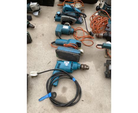 FIVE ASSORTED POWER TOOLS, MAKITA DRILL, BELT SANDER ETC 