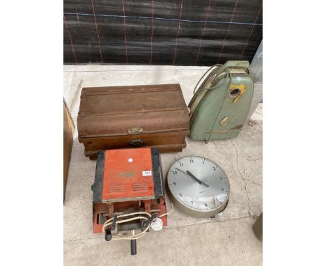 FOUR VINTAGE ITEMS TO INCLUDE AN ENGRAVING MACHINE, CLOCK, TRAVEL TRUNK AND HOOVER 
