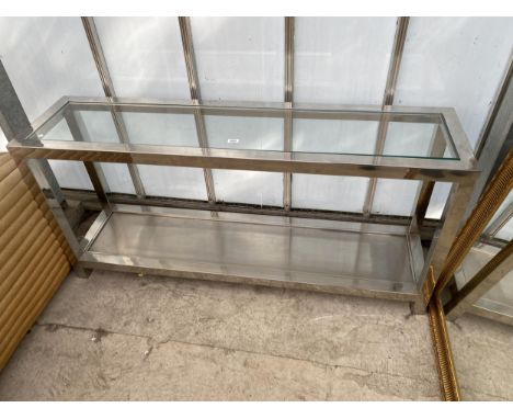 A MODERN POLISHED CHROME CONSOLE TABLE WITH INSET GLASS TOP, 63" WIDE AND 16" DEEP 