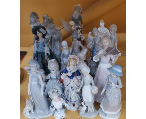 A LARGE QUANTITY OF CERAMIC LADY FIGURINES TO INCLUDE A VINTAGE LADY PINCUSHION 
