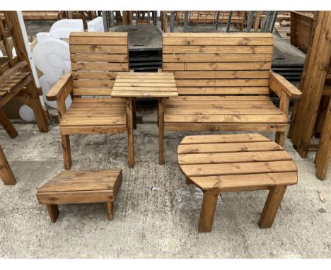AN AS NEW EX DISPLAY CHARLES TAYLOR PATIO FURNITURE SET COMPRISING OF A TWO SEATER BENCH, AN ARM REST A SINGLE CHAIR WITH FOO