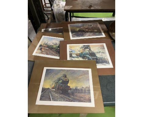 FIVE VINTAGE STYLE PRINTS OF STEAM ENGINES TO INCLUDE THE FLYING SCOTSMAN, GOLDEN AROW, ETC 