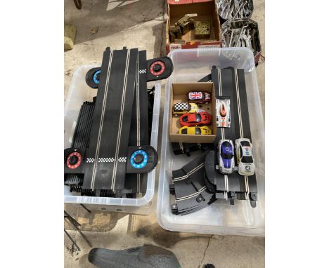 TWO BOXES OF SCALEXTRIC ITEMS, CARS, TRACK ETC 