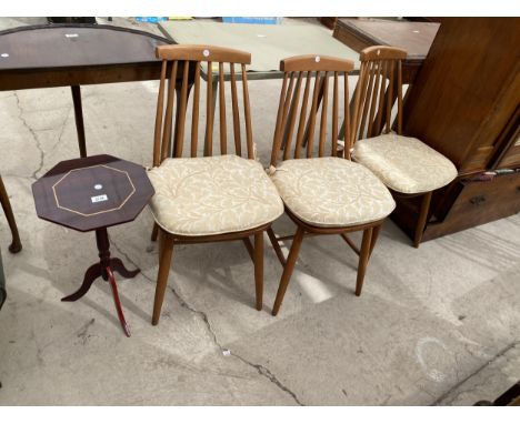 THREE ERCOL STYLE DINING CHAIRS AND A TRIPOD WINE TABLE 