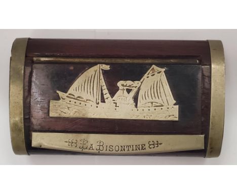 A VINTAGE MAHOGANY AND METAL SNUFF BOX WITH AN INLAID IMAGE OF 'LA BISONTINE' SHIP 
