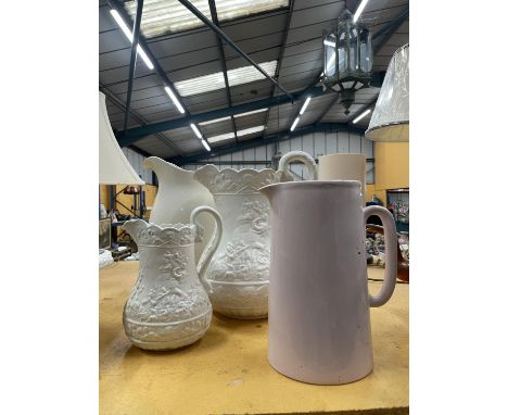TWO VINTAGE PARIAN WARE JUGS, HEIGHTS 18CM AND 26CM PLUS TWO LARGE JUGS 