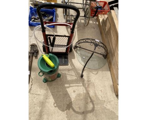 THREE ITEMS - METAL SHELF, SACK TRUCK AND GARDEN SPRAYER 