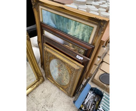 A GROUP OF FRAMED PRINTS, GILT FRAMED HUNTING SCENE ETC 