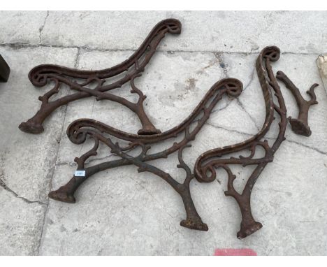 THREE VINTAGE DECORATIVE CAST IRON BENCH ENDS, ONE A/F 