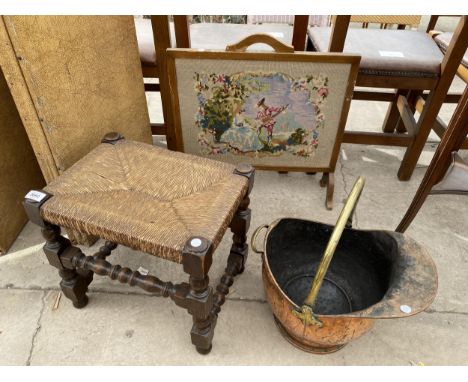 A JACOBEAN STYLE OAK STOOL, FIRESCREEN WITH WOOLWORK DECORATION AND COPPER/BRASS COAL BUCKET 