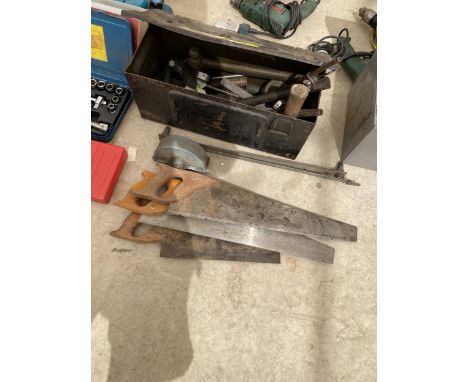 A MIXED LOT OF TOOLS, SAWS ETC 