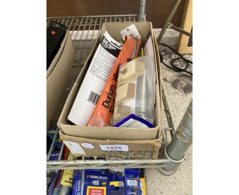 A BOX OF ASSORTED NEW OLD STOCK TOOL ITEMS ETC 