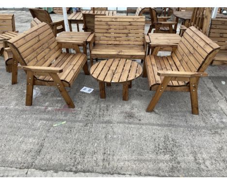 AN AS NEW EX DISPLAY CHARLES TAYLOR PATIO FURNITURE SET COMPRISING OF THREE TWO SEATER BENCHES, AND TWO SIDE TABLES, AND A CO