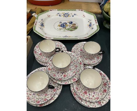 FIVE BURLINGTON WARE VINTAGE TRIOS WITH FLORAL DESIGN PLUS A COPELAND SPODE MEAT PLATTER 