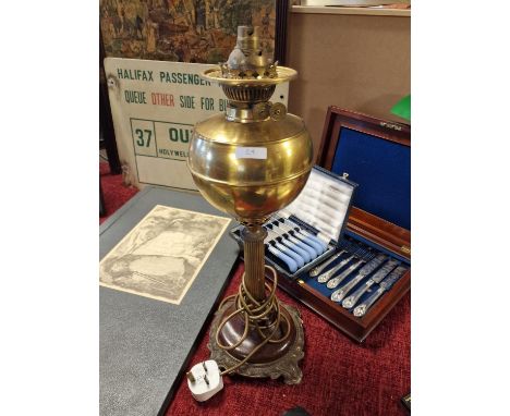 English-Made Duplex Brass Lamp - no shade, converted to electric, approx 51cm tall