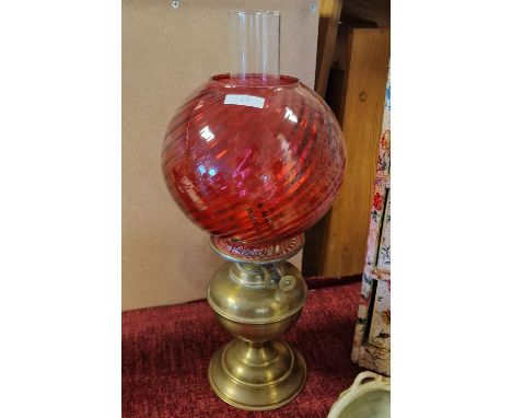 British-Made Duplex Brass Oil Lamp with Cranberry Red Glass Bowl Shade and Chimney - approx 45cm tall