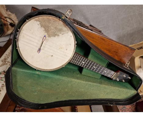 George Formby 1930's Cased 'Down South' Banjolele - possibly played by George given the 'GF' marks to the body and the wear t