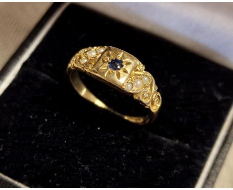 Vintage 9ct Gold, Sapphire &amp; Pearl Dress Ring, size K+0.5