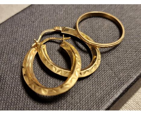 Pair of 9ct Gold Hoop Earrings plus a 9ct Gold Wedding Band Ring (size K)