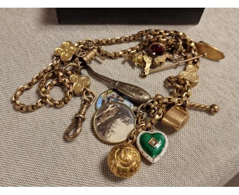 1930s 9ct Gold Charm Bracelet - 40g, w/ articulated Punch puppet - plus Two Brass Elephant Photo Frames
