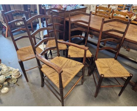 Group of Five 1940's Rush Seat and Ladder back Dining Chairs
