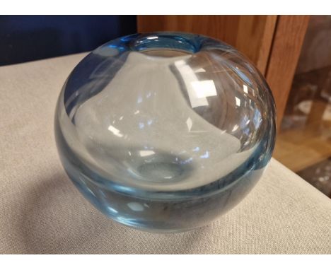 Scandinavian Vintage Round Blue Glass Vase - signed 'Holmegaard 1961' to base, approx 13.5cm diameter